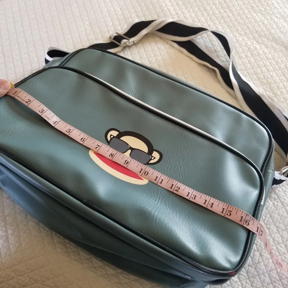 Paul Frank Teal Faux Leather Laptop Bag with Striped Strap and Monkey Motif